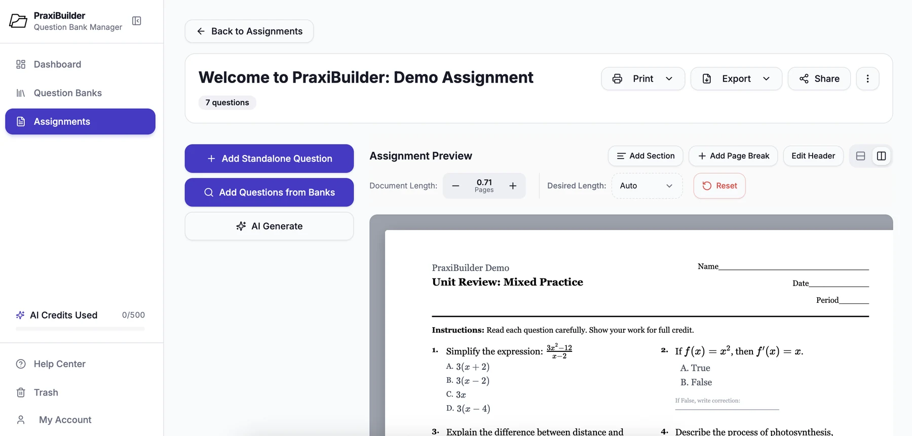 A clean, print-ready PraxiBuilder assignment with a two-column layout, header fields, and answer lines