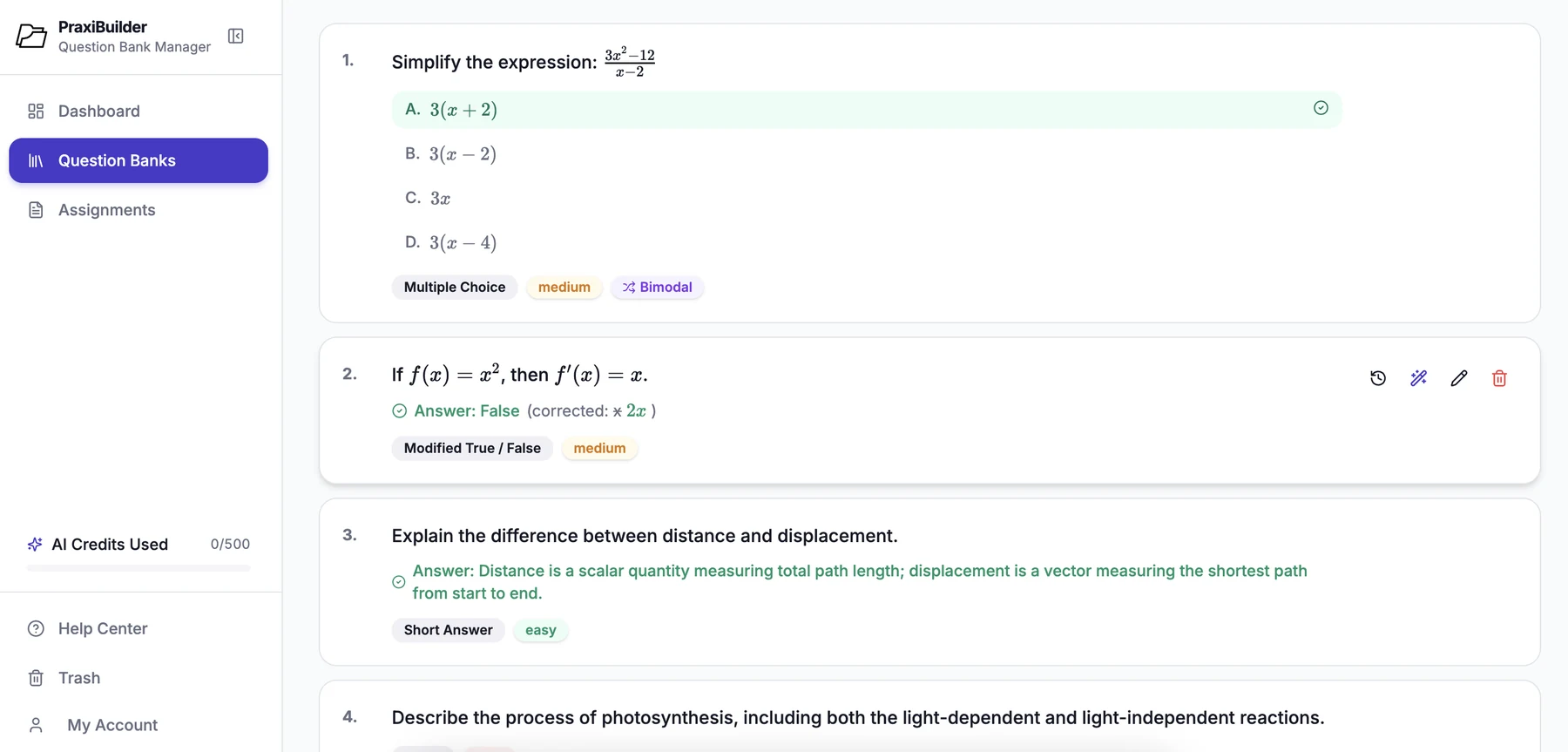 PraxiBuilder question bank showing rendered math equations, multiple choice, and modified true/false questions
